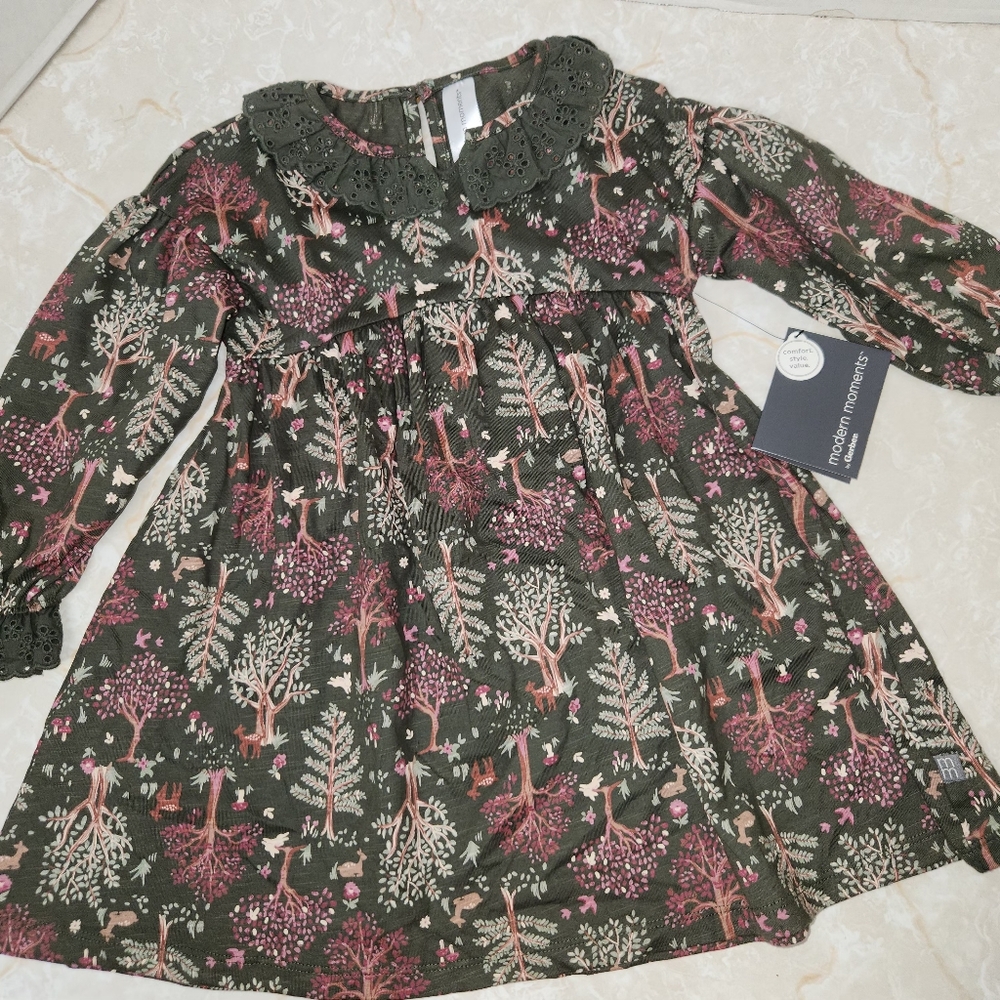 Modern Moments by Gerber Girls 2T Dress Green Forest Mushroom Deer Birds New